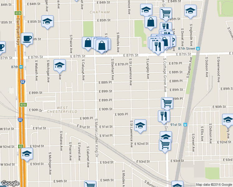 map of restaurants, bars, coffee shops, grocery stores, and more near 507 East 89th Street in Chicago