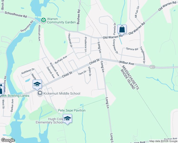 map of restaurants, bars, coffee shops, grocery stores, and more near 6 Mayo Drive in Warren