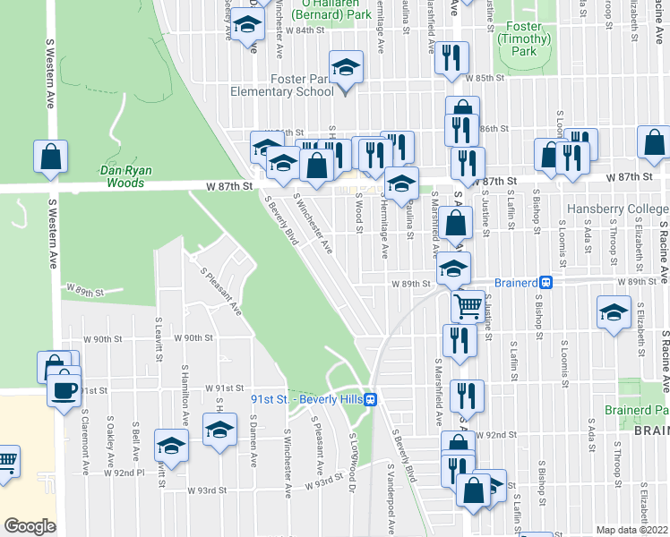 map of restaurants, bars, coffee shops, grocery stores, and more near 8842 South Winchester Avenue in Chicago