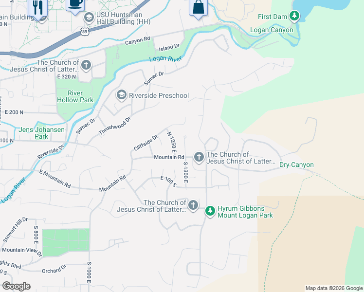 map of restaurants, bars, coffee shops, grocery stores, and more near 55 North 1300 East in Logan