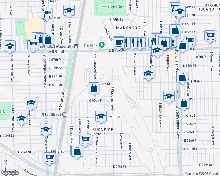 map of restaurants, bars, coffee shops, grocery stores, and more near 8900 South Woodlawn Avenue in Chicago