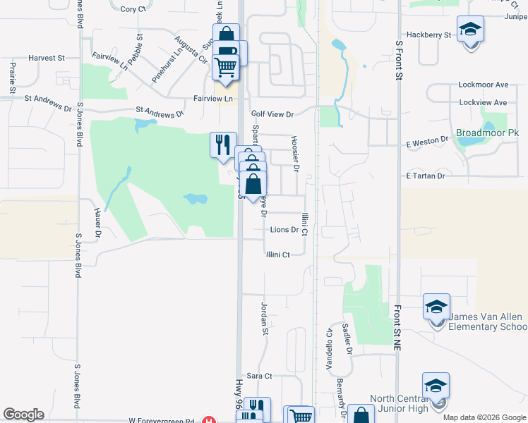 map of restaurants, bars, coffee shops, grocery stores, and more near 87 Hawkeye Drive in North Liberty
