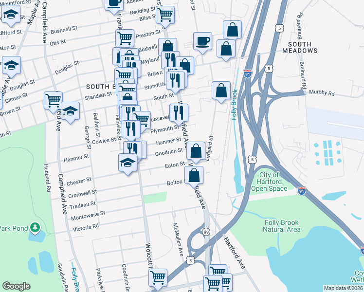 map of restaurants, bars, coffee shops, grocery stores, and more near 9 Hanmer Street in Hartford