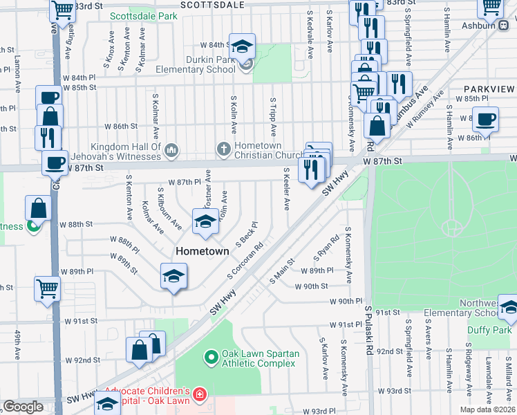 map of restaurants, bars, coffee shops, grocery stores, and more near 8765 South Beck Place in Hometown