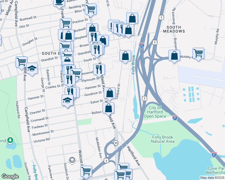map of restaurants, bars, coffee shops, grocery stores, and more near 485 Ledyard Street in Hartford