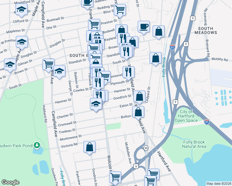 map of restaurants, bars, coffee shops, grocery stores, and more near 36 Hanmer Street in Hartford
