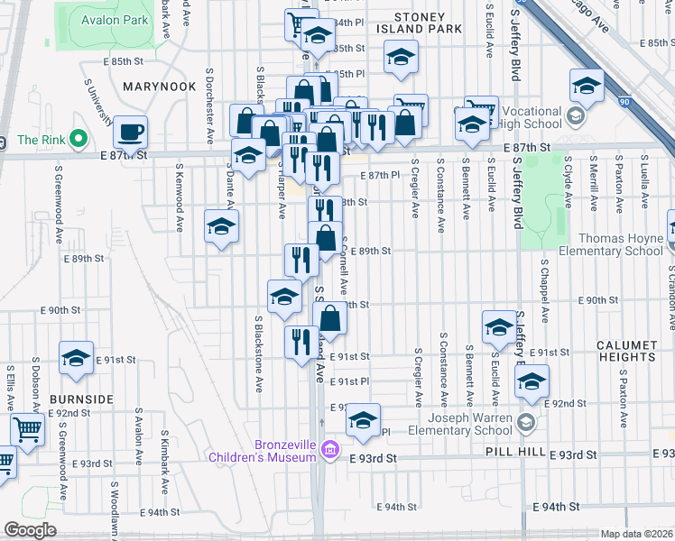 map of restaurants, bars, coffee shops, grocery stores, and more near 8913 South Cornell Avenue in Chicago