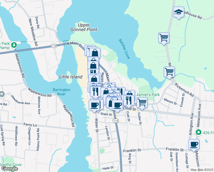 map of restaurants, bars, coffee shops, grocery stores, and more near 324 Main Street in Warren