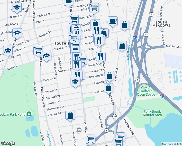 map of restaurants, bars, coffee shops, grocery stores, and more near 36 Hanmer Street in Hartford