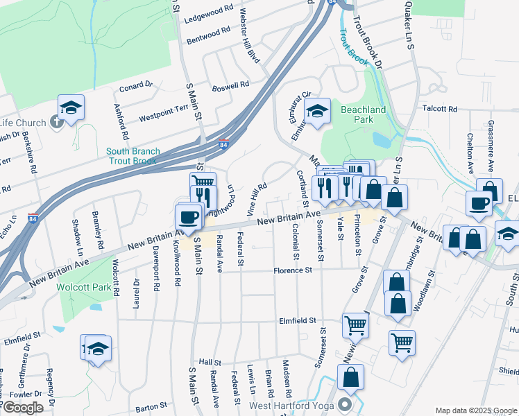 map of restaurants, bars, coffee shops, grocery stores, and more near 32 Vine Hill Road in West Hartford