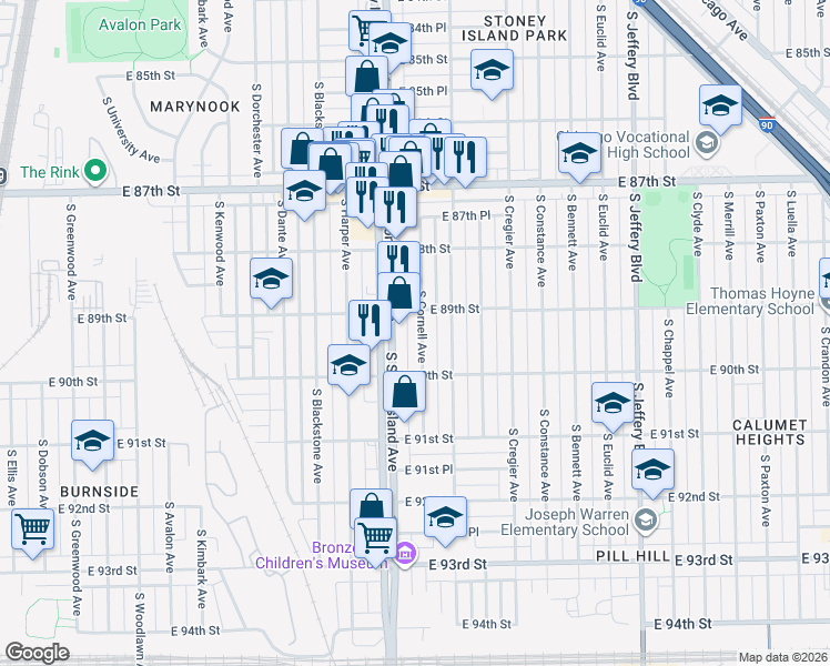 map of restaurants, bars, coffee shops, grocery stores, and more near 8913 South Cornell Avenue in Chicago