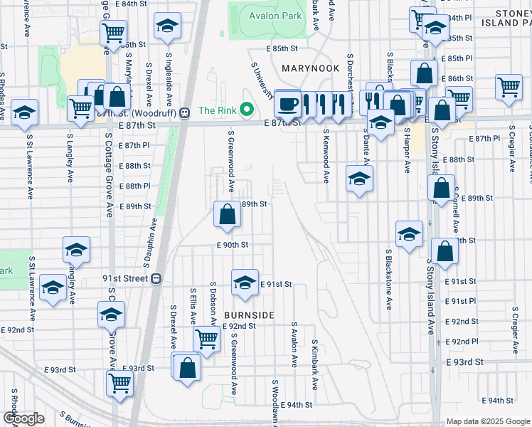 map of restaurants, bars, coffee shops, grocery stores, and more near 8900 South Woodlawn Avenue in Chicago