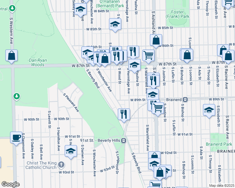 map of restaurants, bars, coffee shops, grocery stores, and more near 8829 South Wood Street in Chicago