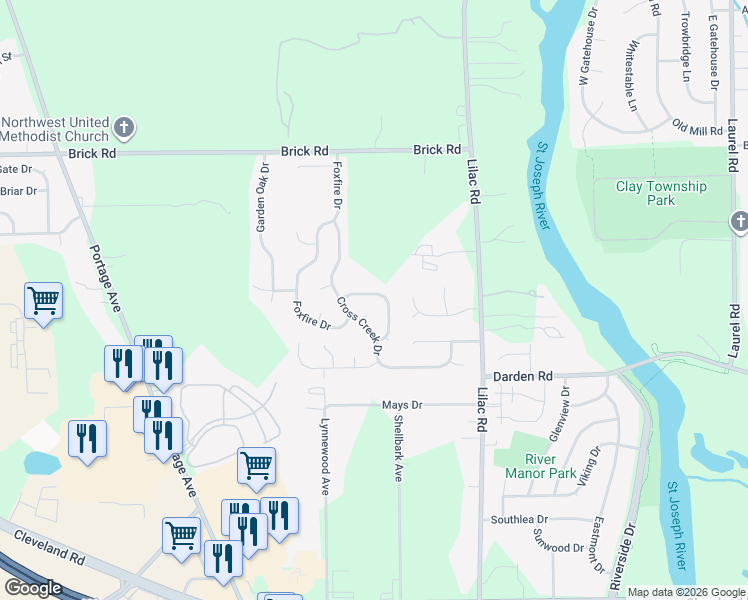 map of restaurants, bars, coffee shops, grocery stores, and more near 4324 Hunter Run Circle in South Bend
