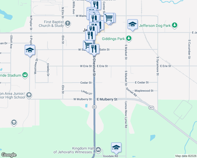 map of restaurants, bars, coffee shops, grocery stores, and more near 234 South Chestnut Street in Jefferson