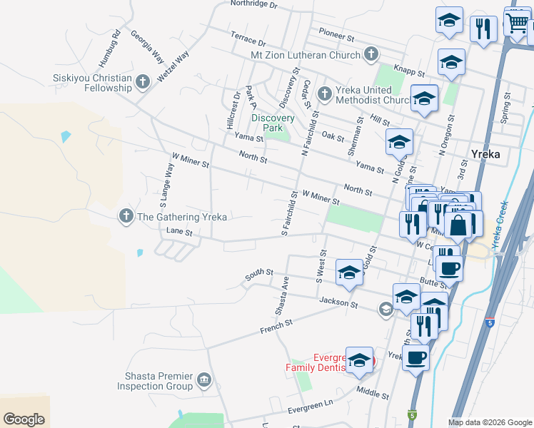map of restaurants, bars, coffee shops, grocery stores, and more near 812 Silva Court in Yreka