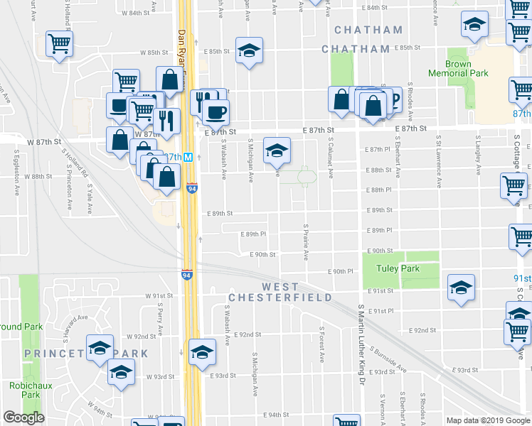 map of restaurants, bars, coffee shops, grocery stores, and more near 165 East 89th Street in Chicago