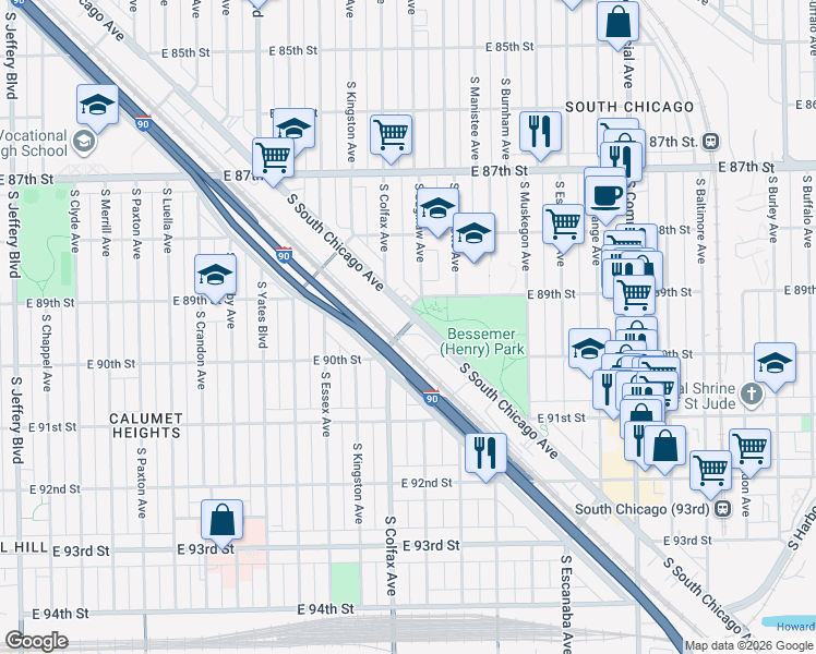 map of restaurants, bars, coffee shops, grocery stores, and more near 8940 South South Chicago Avenue in Chicago