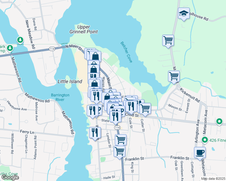 map of restaurants, bars, coffee shops, grocery stores, and more near 324 Main Street in Warren