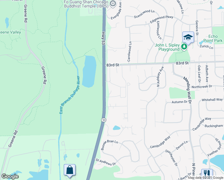 map of restaurants, bars, coffee shops, grocery stores, and more near 3409 Foxboro Drive in Woodridge