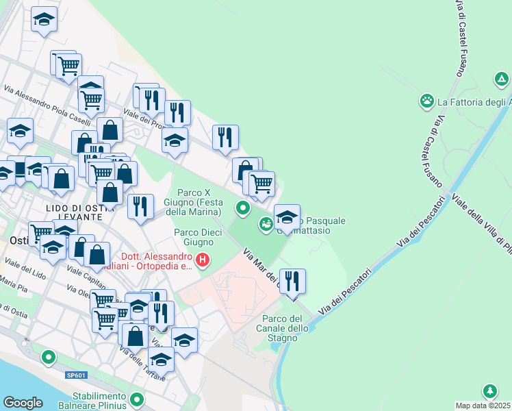 map of restaurants, bars, coffee shops, grocery stores, and more near 446 Viale dei Promontori in Lido di Ostia