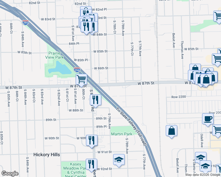map of restaurants, bars, coffee shops, grocery stores, and more near 7859 W 87th St in Bridgeview