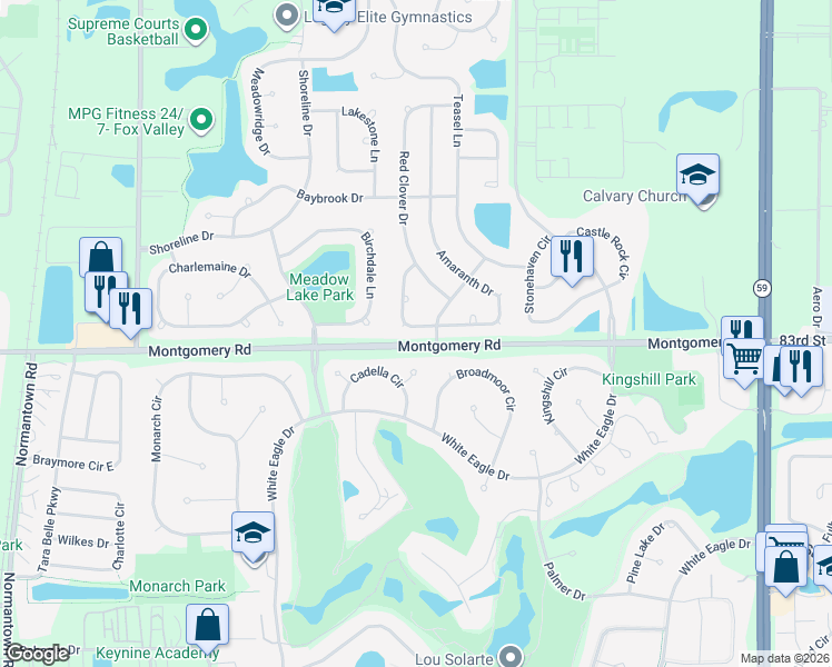 map of restaurants, bars, coffee shops, grocery stores, and more near 1312 Amaranth Drive in Naperville