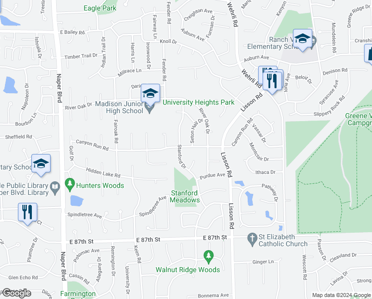 map of restaurants, bars, coffee shops, grocery stores, and more near 1306 Canyon Run Road in Naperville