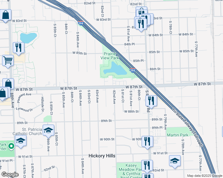 map of restaurants, bars, coffee shops, grocery stores, and more near 8700 South 82nd Avenue in Hickory Hills