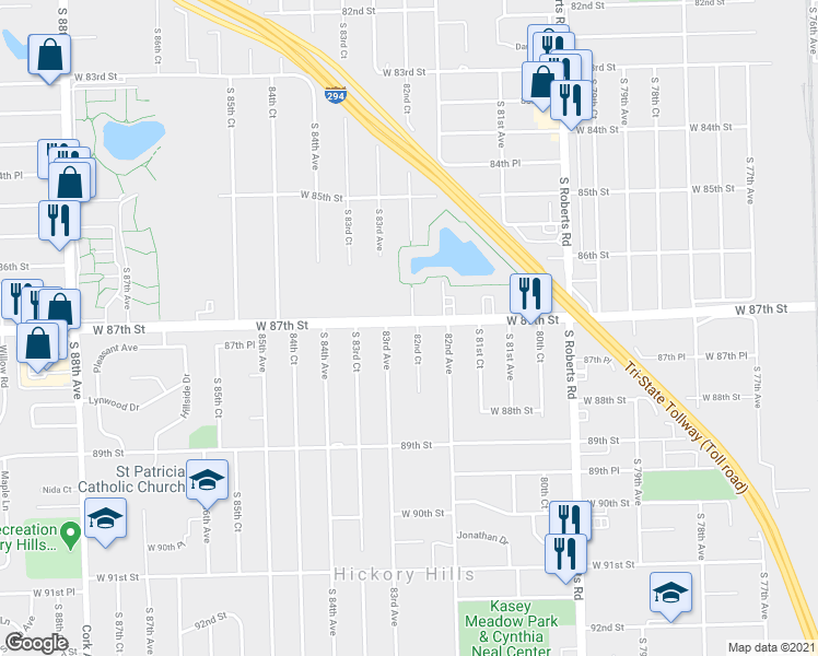 map of restaurants, bars, coffee shops, grocery stores, and more near 8700 South 82nd Court in Hickory Hills