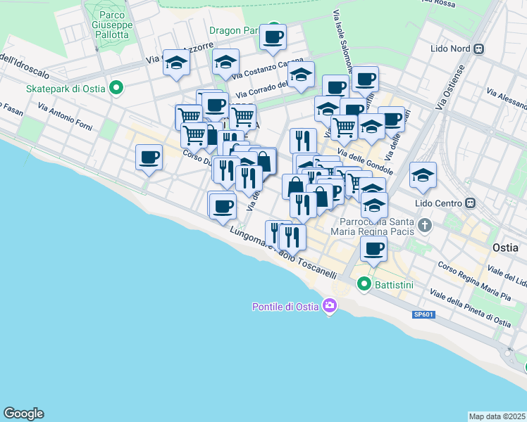 map of restaurants, bars, coffee shops, grocery stores, and more near 40 Via Adolfo Cozza in Lido di Ostia