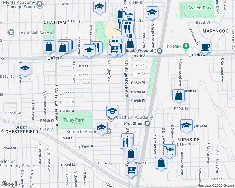 map of restaurants, bars, coffee shops, grocery stores, and more near 724 East 89th Street in Chicago