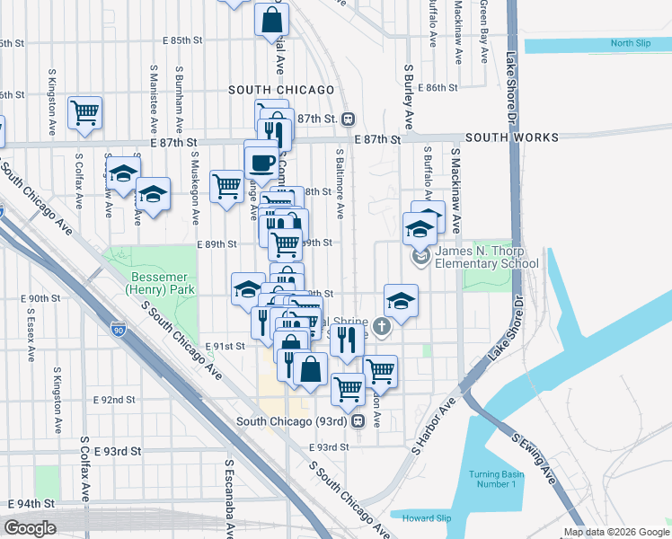 map of restaurants, bars, coffee shops, grocery stores, and more near 8922 South Baltimore Avenue in Chicago