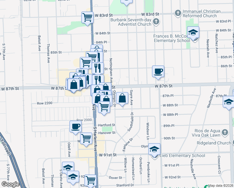 map of restaurants, bars, coffee shops, grocery stores, and more near 8712 Olympic Drive in Oak Lawn