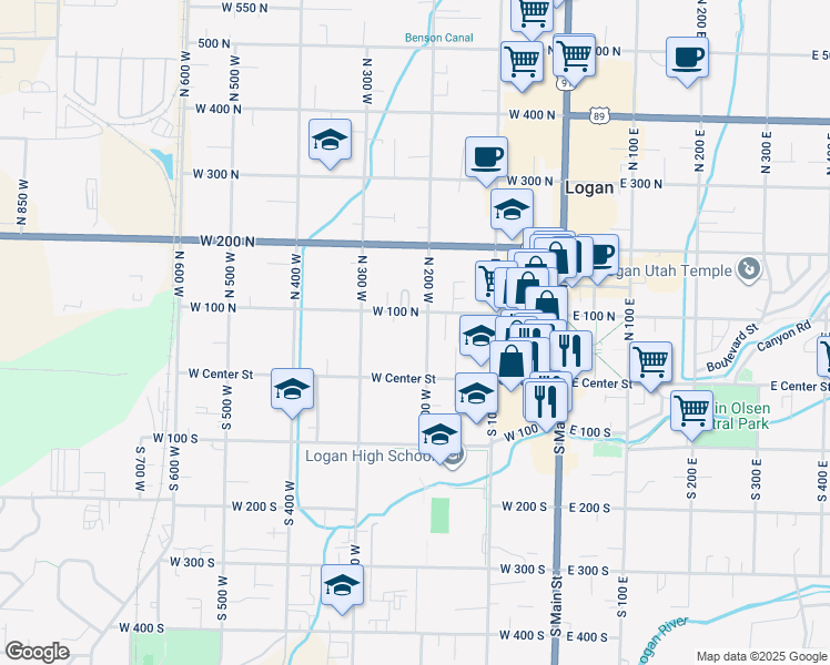 map of restaurants, bars, coffee shops, grocery stores, and more near 82 North 200 West in Logan