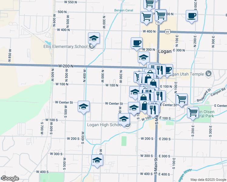 map of restaurants, bars, coffee shops, grocery stores, and more near 254 West 100 North in Logan