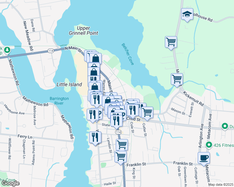 map of restaurants, bars, coffee shops, grocery stores, and more near 324 Main Street in Warren
