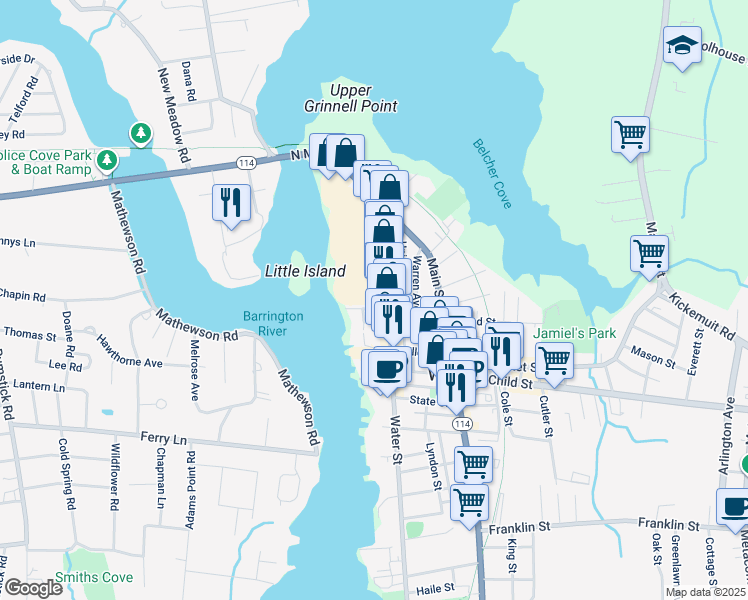 map of restaurants, bars, coffee shops, grocery stores, and more near 21 Sisson Street in Warren