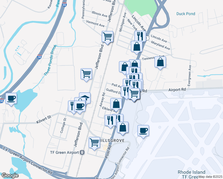 map of restaurants, bars, coffee shops, grocery stores, and more near 73 Guilford Drive in Warwick