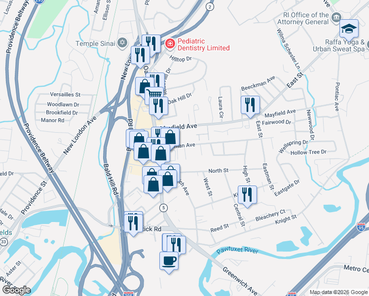 map of restaurants, bars, coffee shops, grocery stores, and more near 217 Bateman Avenue in Cranston