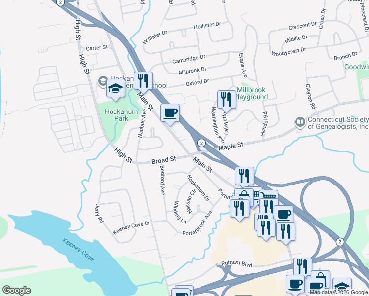 map of restaurants, bars, coffee shops, grocery stores, and more near 125 Main Street in East Hartford