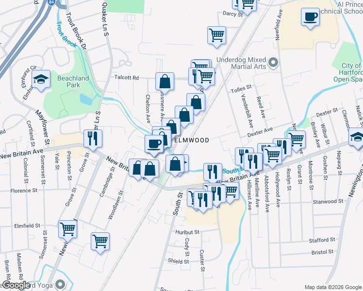 map of restaurants, bars, coffee shops, grocery stores, and more near in West Hartford