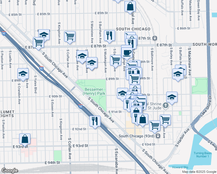 map of restaurants, bars, coffee shops, grocery stores, and more near 8921 South Muskegon Avenue in Chicago