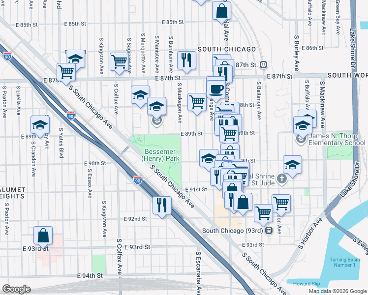 map of restaurants, bars, coffee shops, grocery stores, and more near 8921 South Muskegon Avenue in Chicago