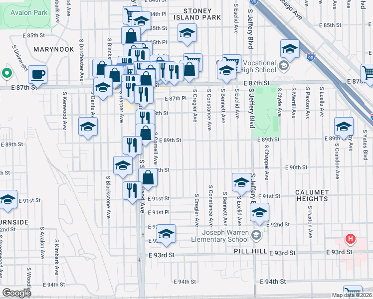 map of restaurants, bars, coffee shops, grocery stores, and more near 8906 South Ridgeland Avenue in Chicago