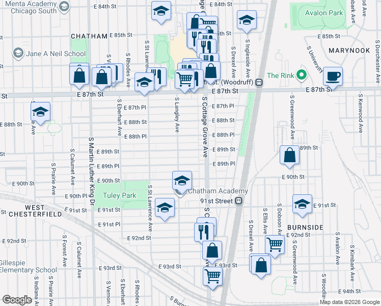 map of restaurants, bars, coffee shops, grocery stores, and more near 724 East 89th Street in Chicago