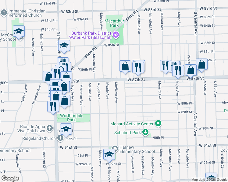 map of restaurants, bars, coffee shops, grocery stores, and more near 8739 Meade Avenue in Oak Lawn