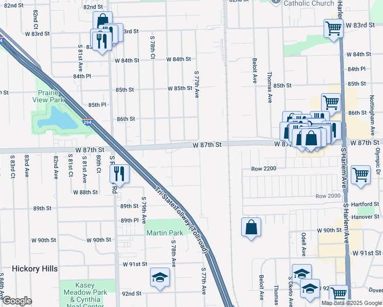 map of restaurants, bars, coffee shops, grocery stores, and more near 7701 West 87th Street in Bridgeview