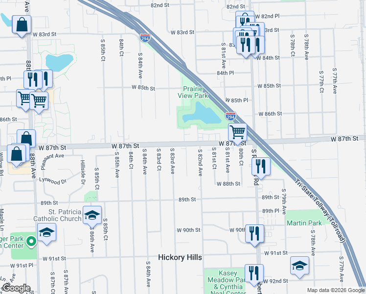 map of restaurants, bars, coffee shops, grocery stores, and more near 8700 South 82nd Court in Hickory Hills