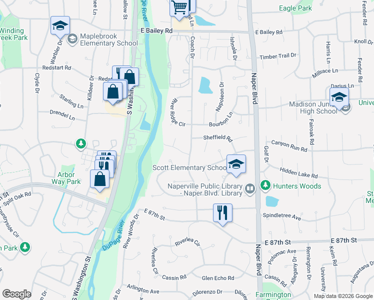 map of restaurants, bars, coffee shops, grocery stores, and more near 1925 Coach Drive in Naperville